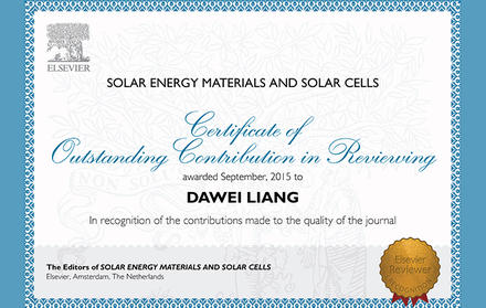 Professor Dawei Liang homenageado pelo jornal "Solar Energy Materials and Solar 